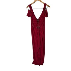 Cache Burgundy Beaded Cold Shoulder Evening Gown - Size 14